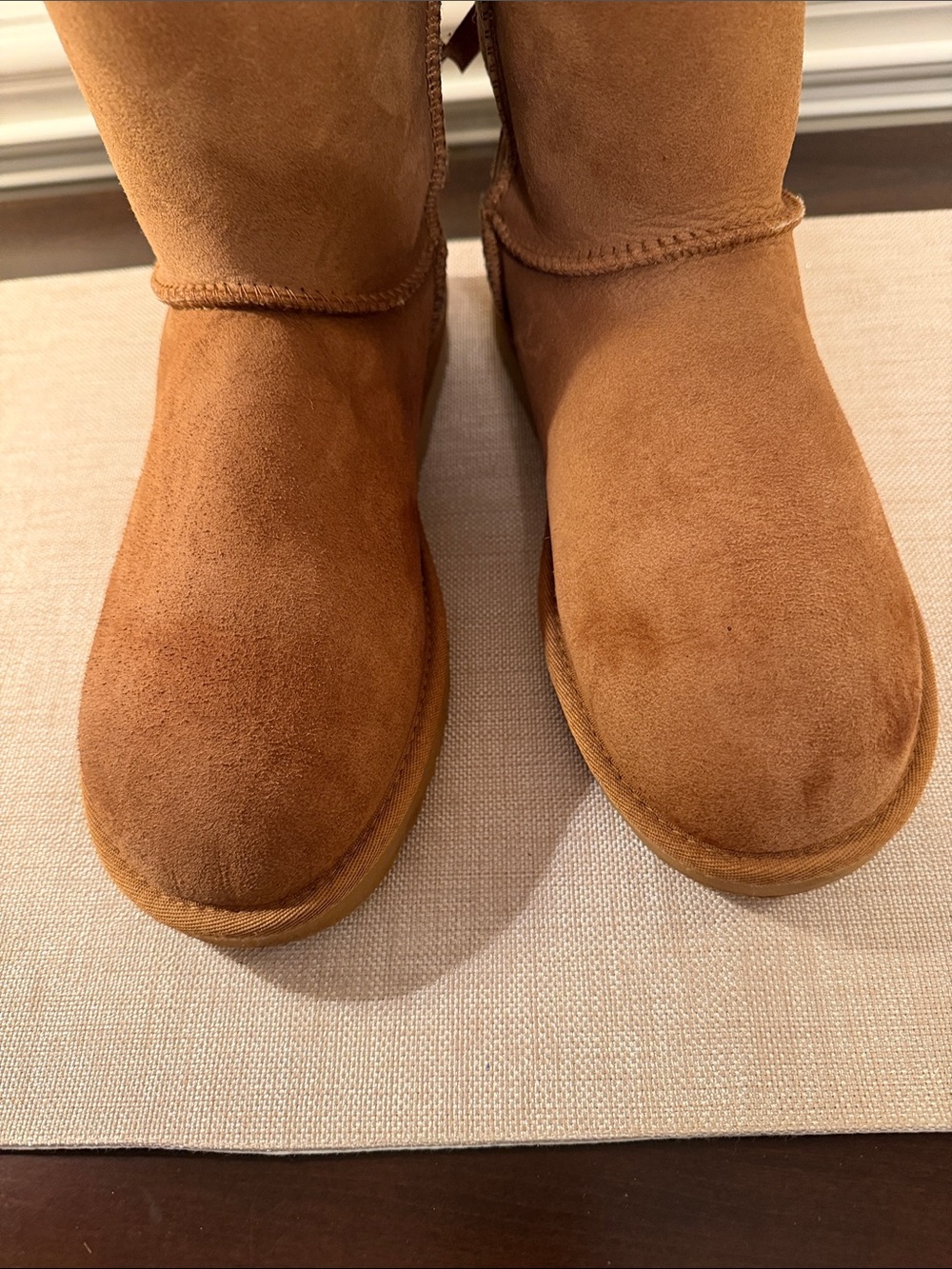 UGG Chestnut Suede Short Boots with Brown Satin Bows - Picture 4 of 7